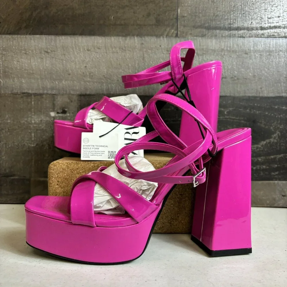 Zara Fuschia Pink Strappy Chunky Platform Heel Sandals